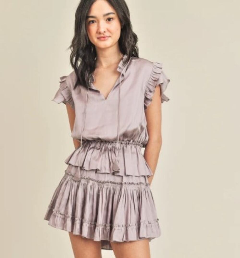 RESET Claire Satin Tiered Pleated Satin Mini Dress Size Small Lavender